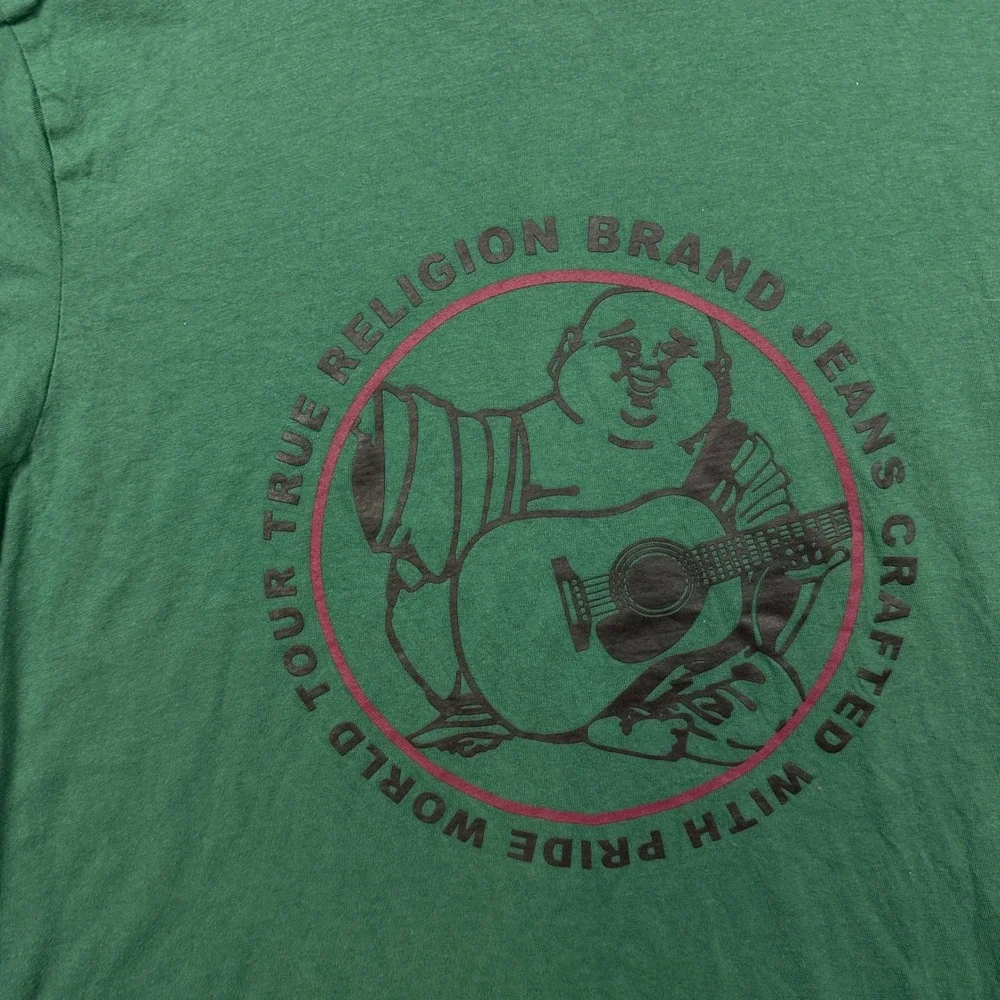 True Religion T-Shirt Mens Medium Green Excellent Buddha Guitar Graphic Tee